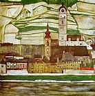 Stein Paintings - Stein on the Danube with Terraced Vineyards by Egon Schiele